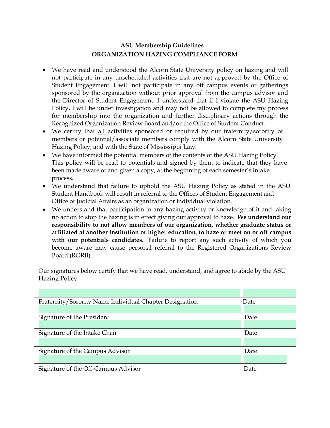 ASU Membership Guidelines ORGANIZATION HAZING COMPLIANCE FORM screenshot