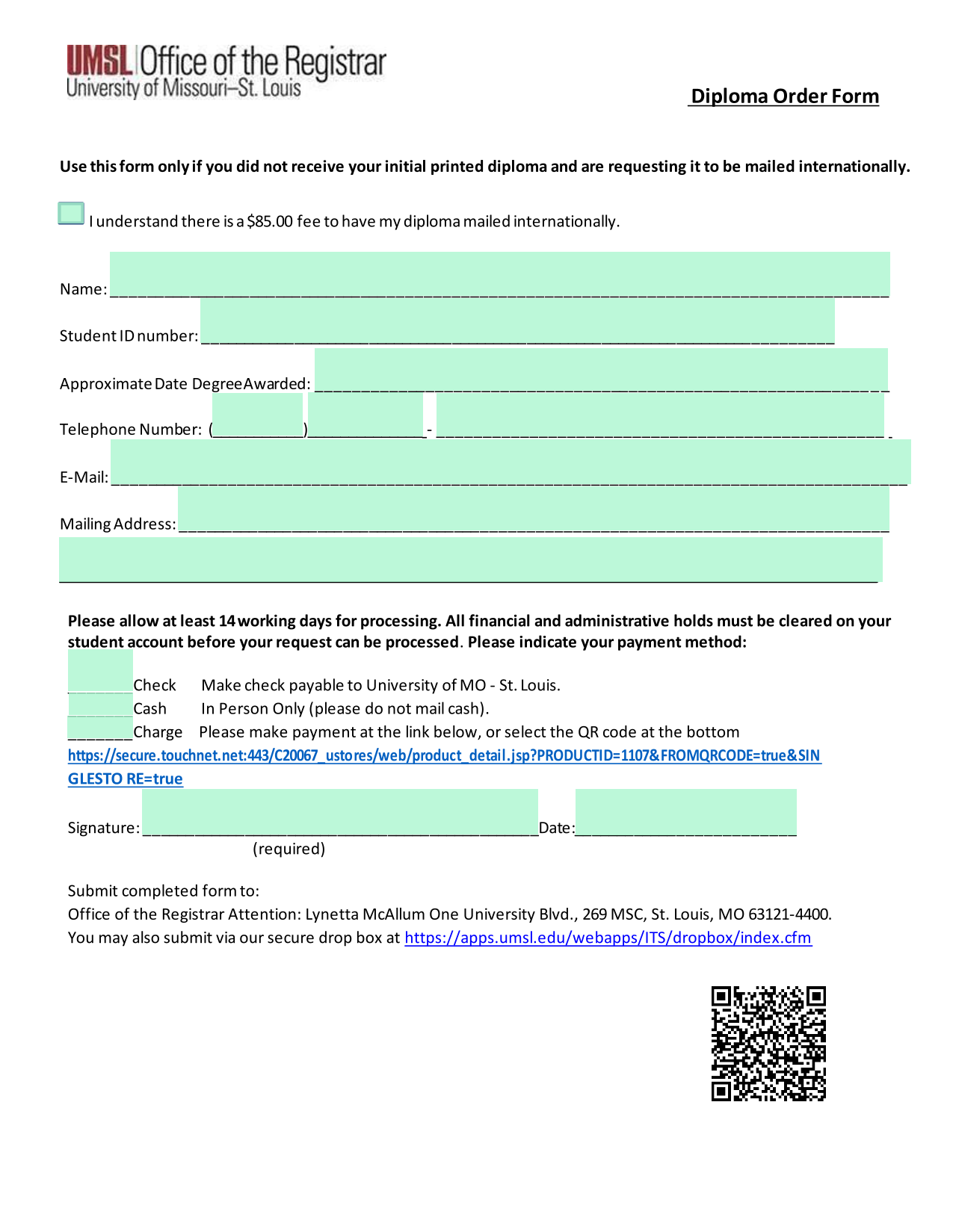 Diploma Order Form screenshot