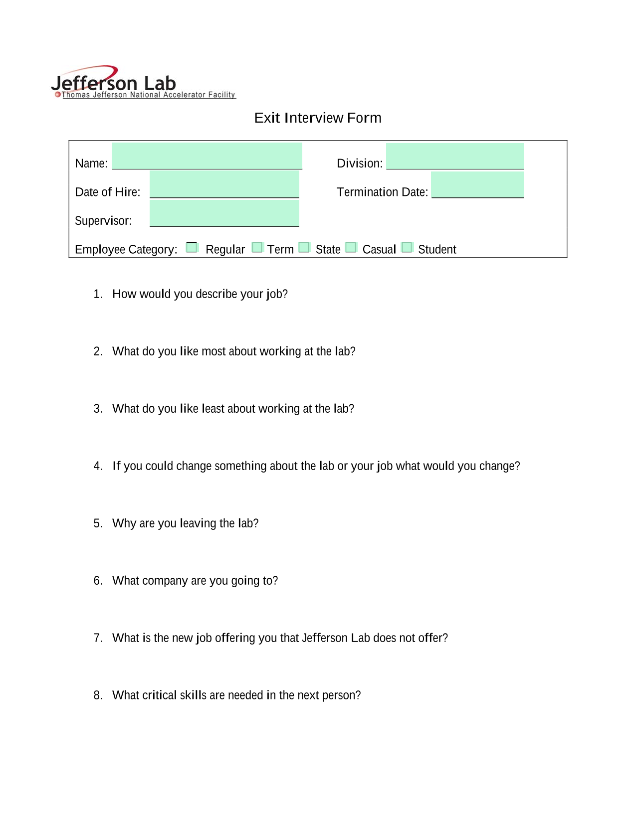 Exit Interview Form screenshot