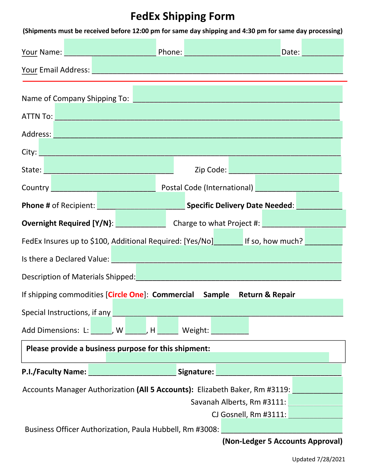 FedEx Shipping Form screenshot