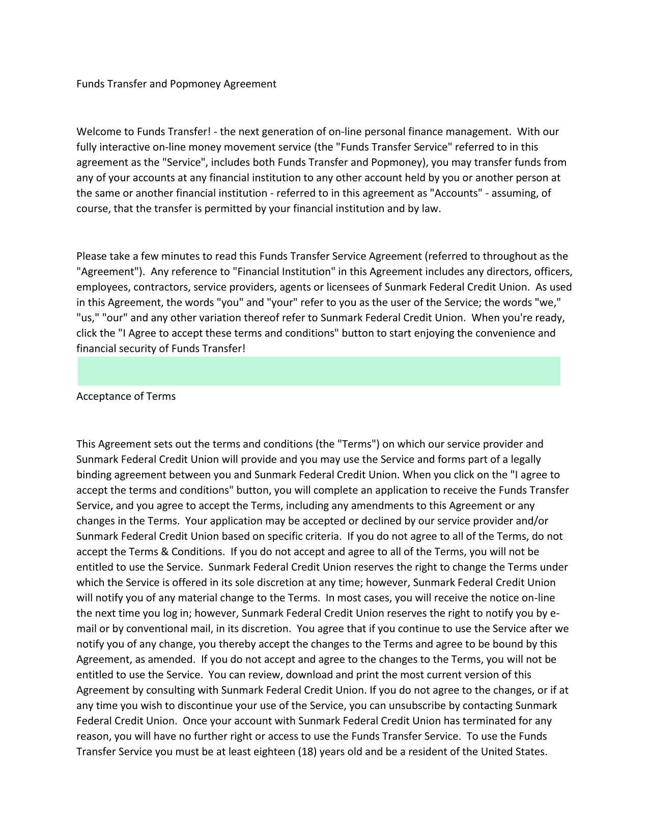 Funds Transfer And Popmoney Agreement screenshot