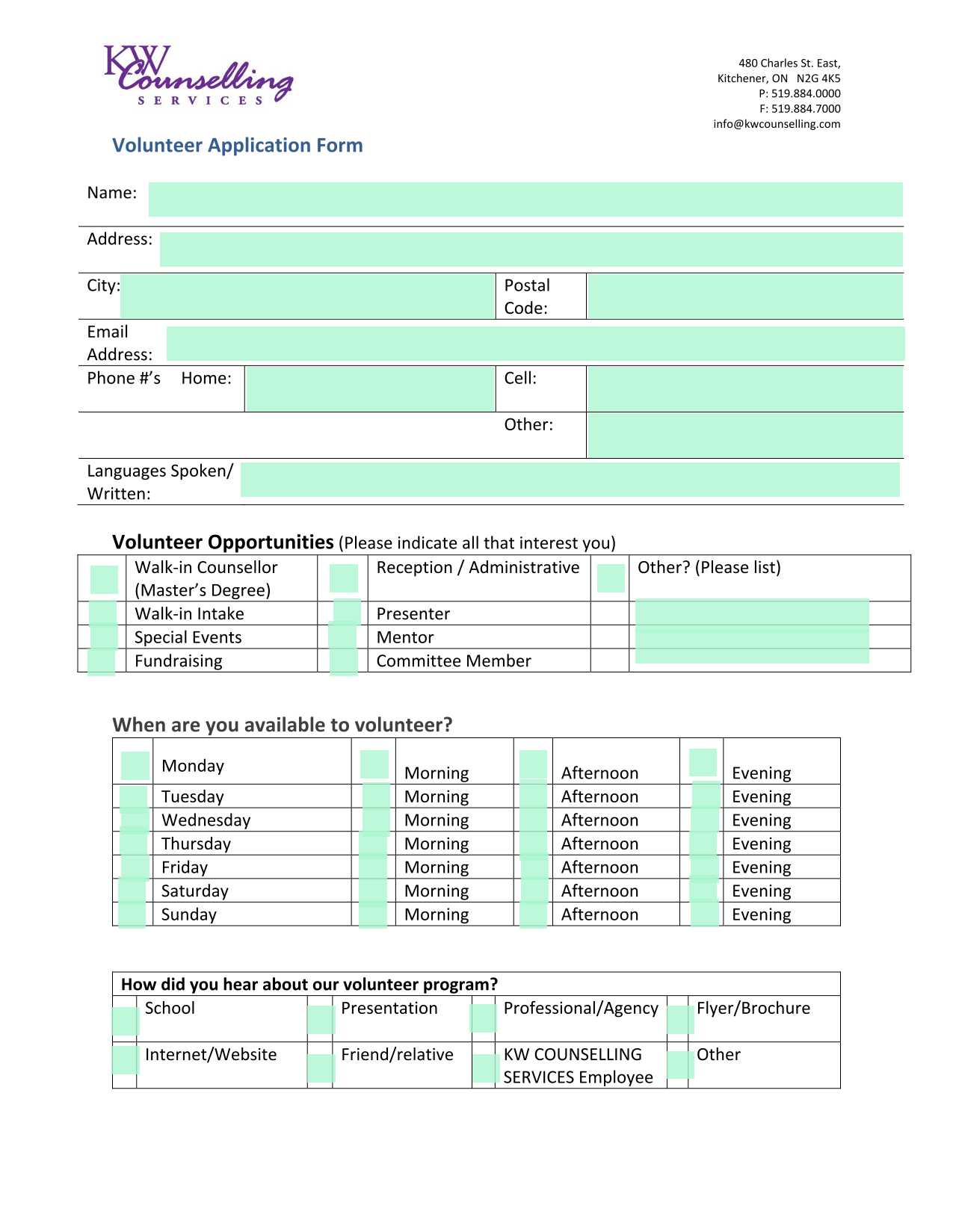 Volunteer Application Form screenshot