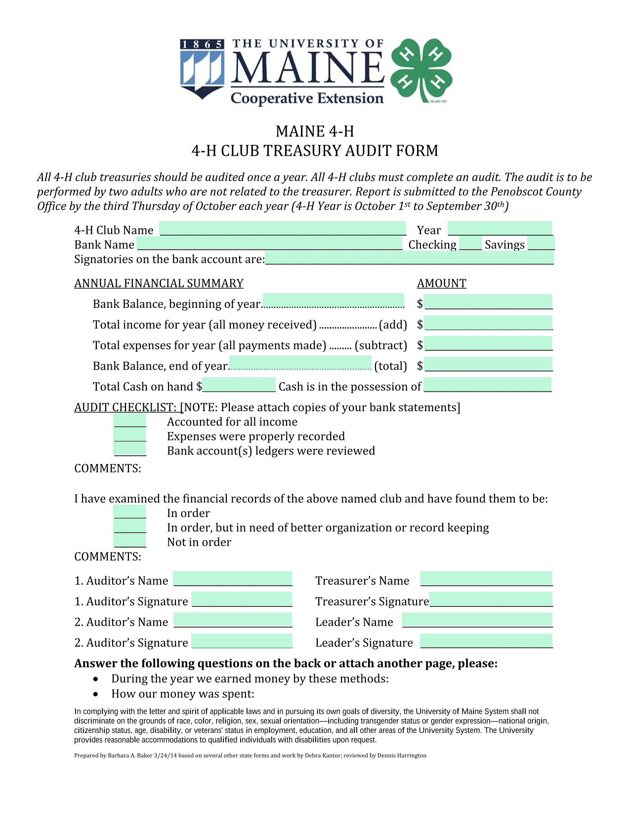 4 H Club Treasury Audit Form screenshot