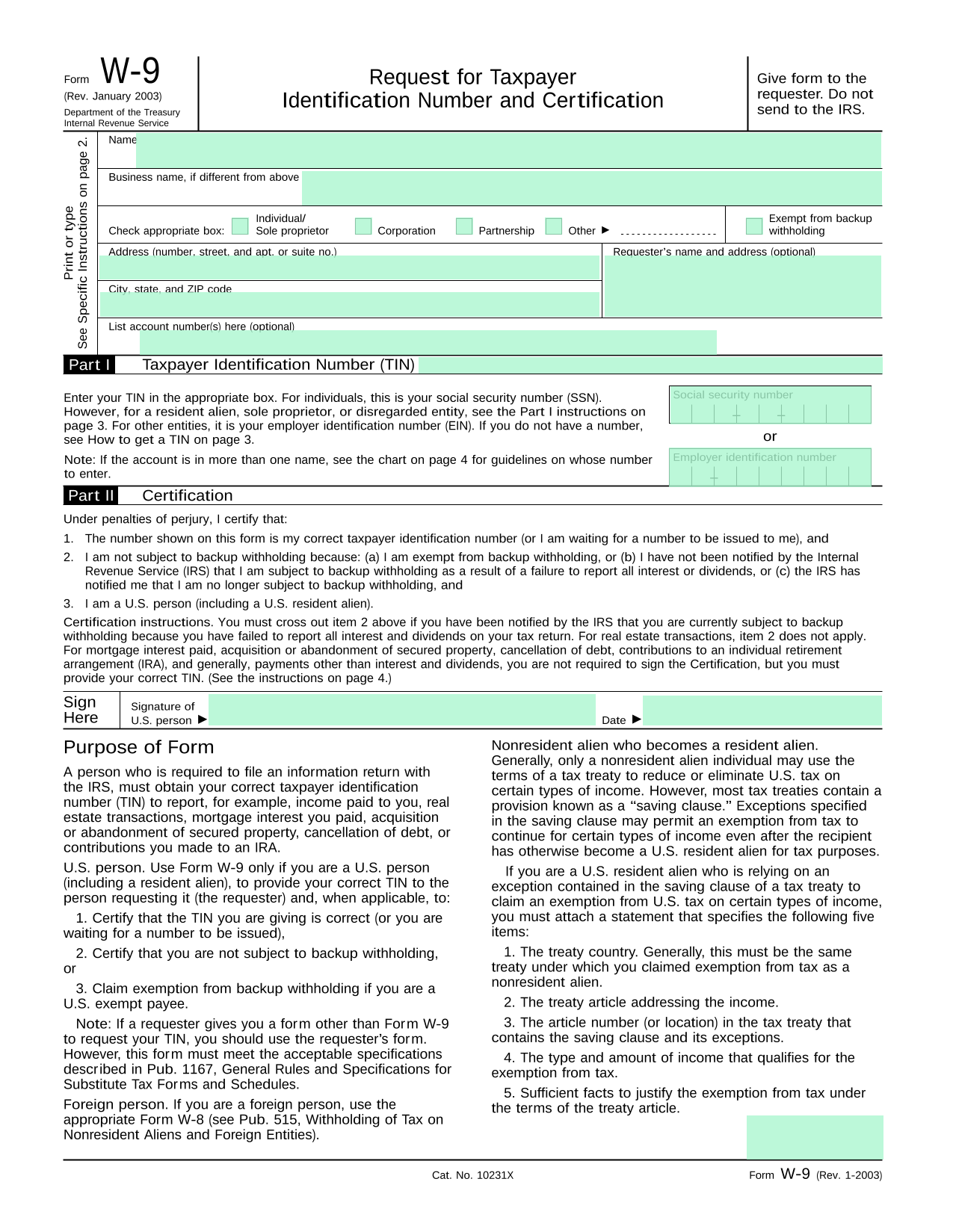 Form W 9 screenshot