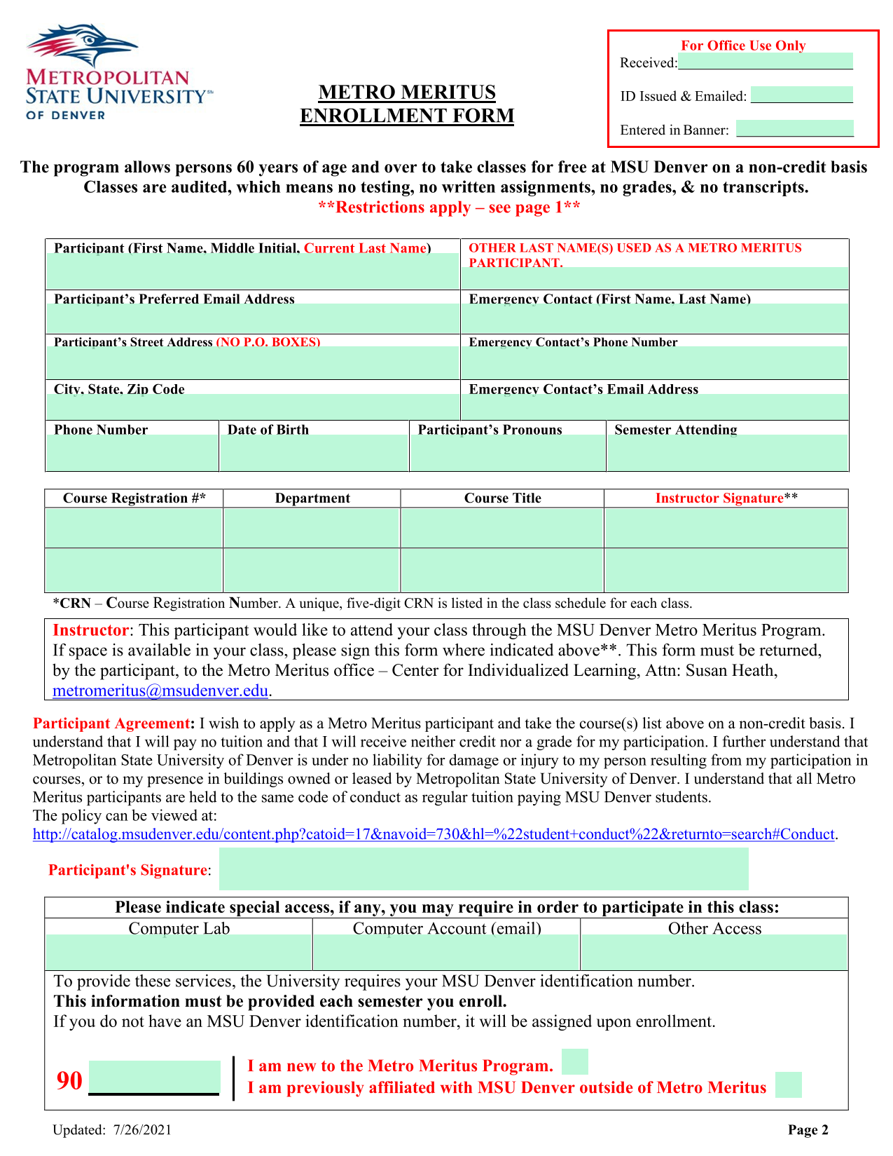 Metro Meritus Program Course Registration Form screenshot
