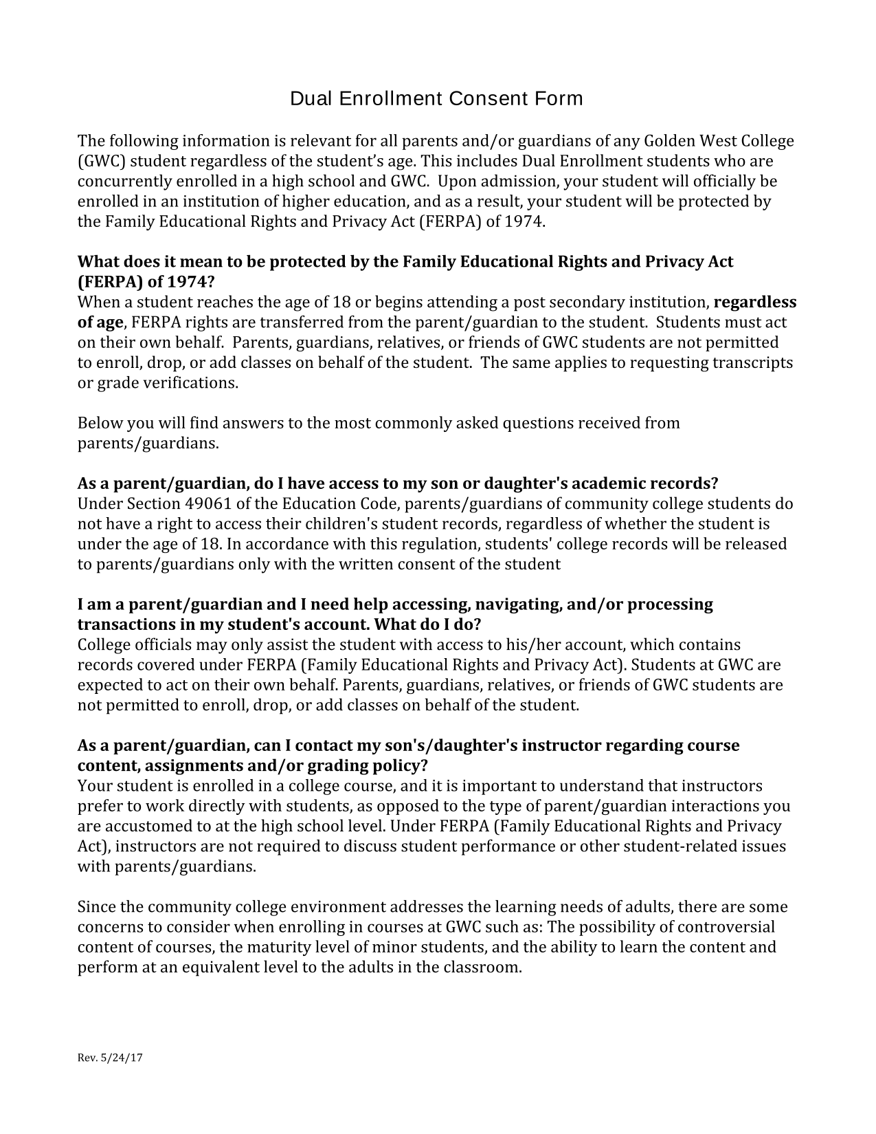 Dual Enrollment Consent Form screenshot