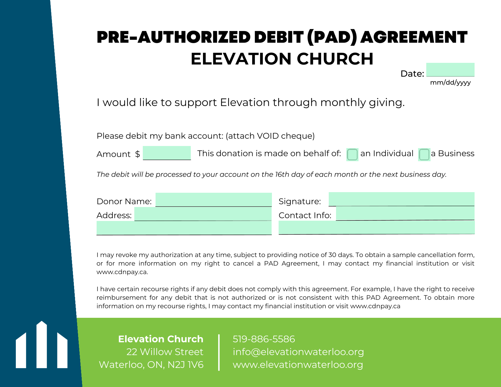 PRE AUTHORIZED DEBIT (PAD) AGREEMENT screenshot