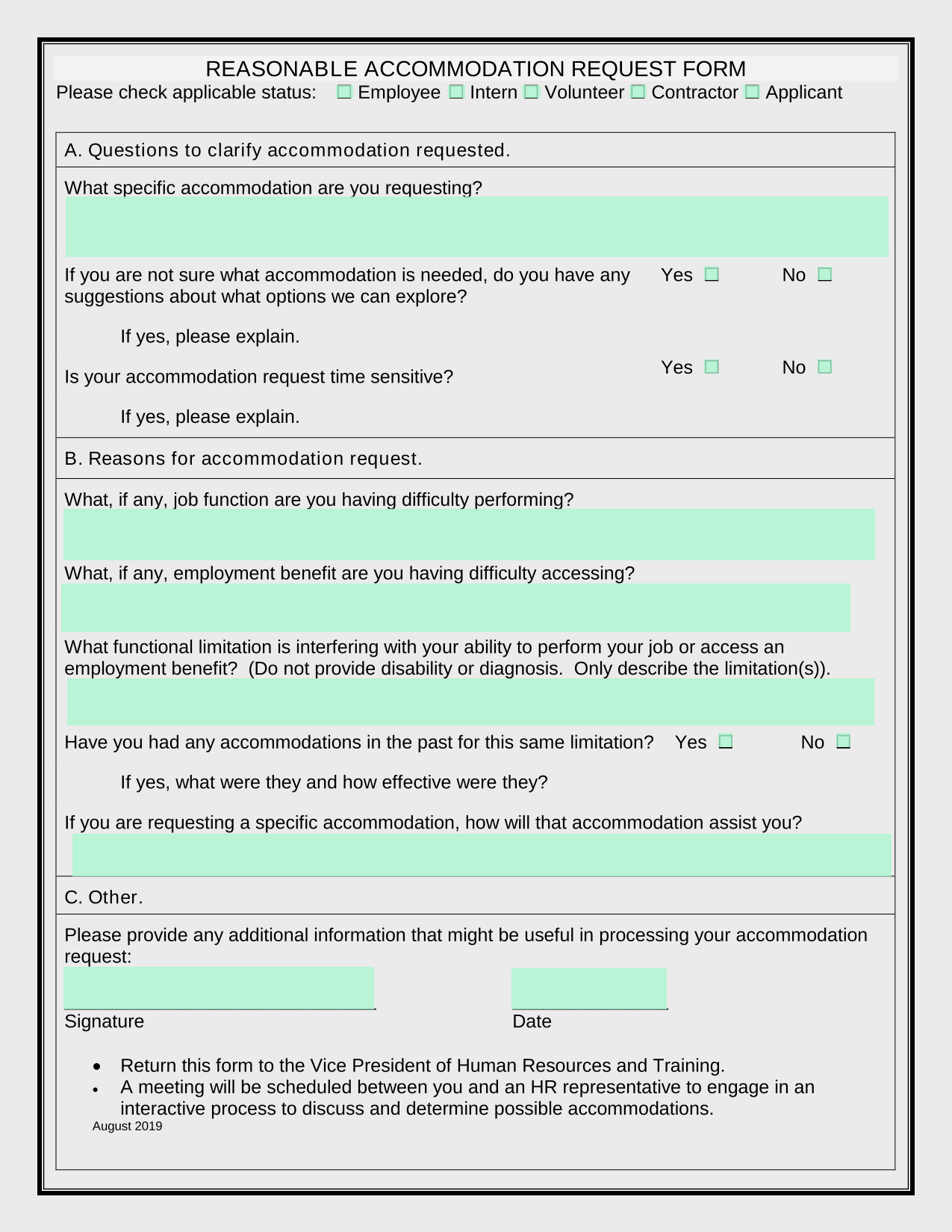 Reasonable Accommodation Request Form screenshot