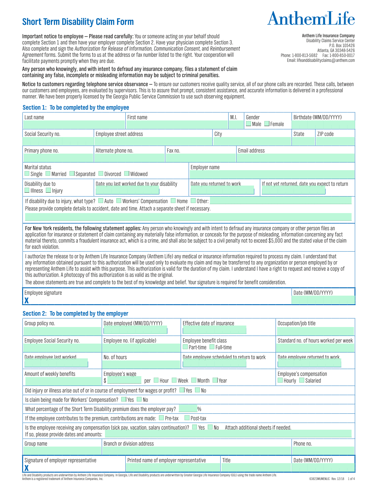 Short Term Disability Claim Form screenshot