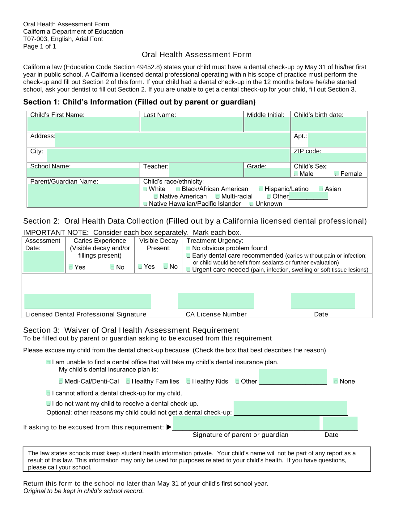 Oral Health Assessment Form screenshot