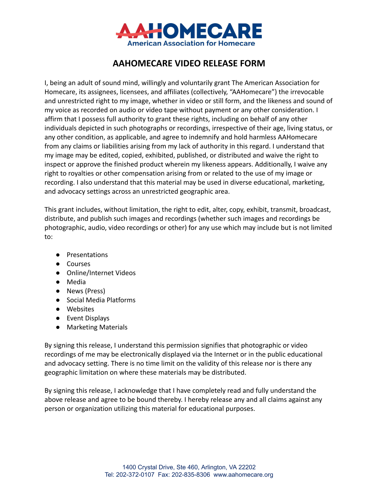 AAHOMECARE VIDEO RELEASE FORM screenshot
