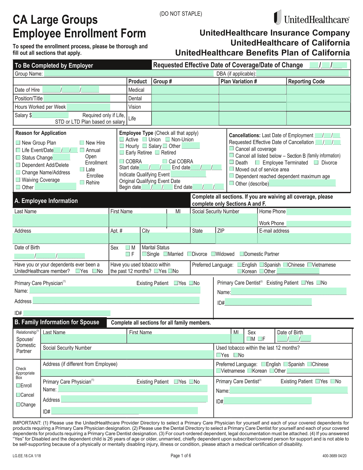CA Large Groups Employee Enrollment Form screenshot