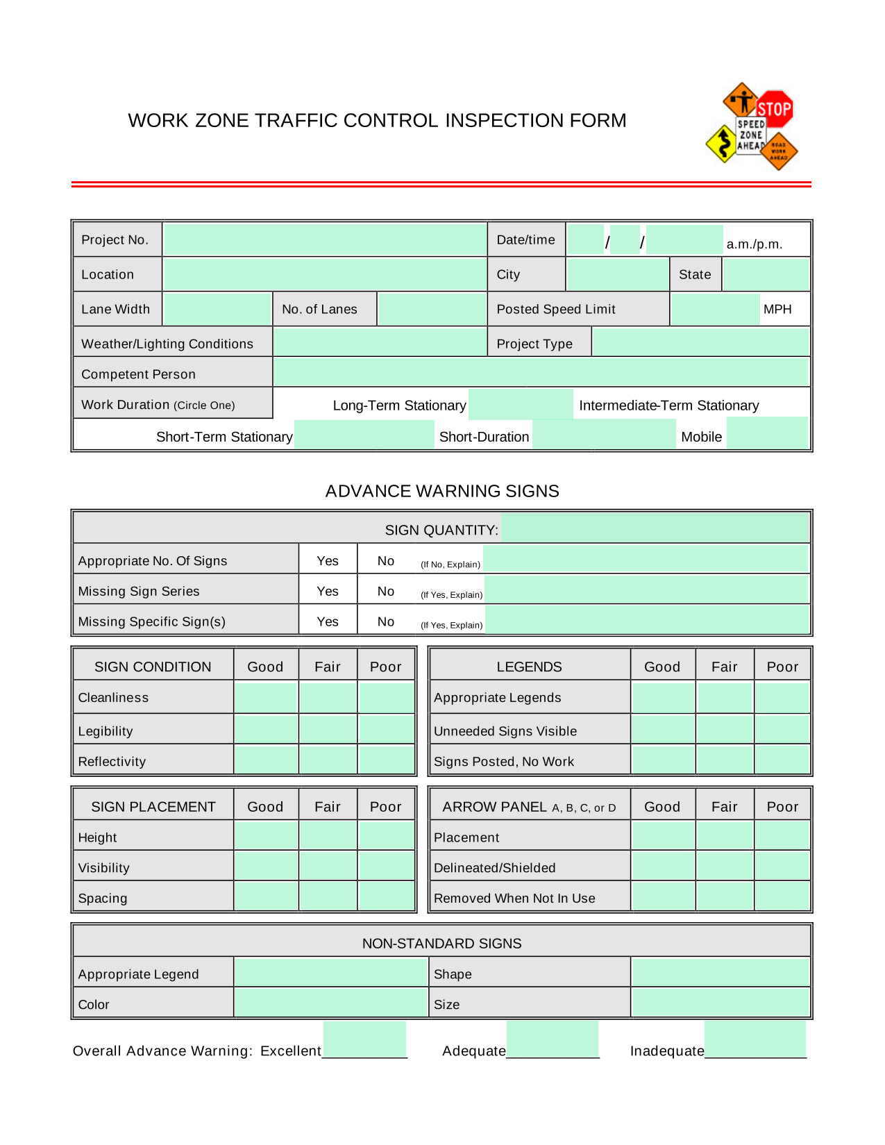 Work Zone Traffic Control Inspection Form screenshot