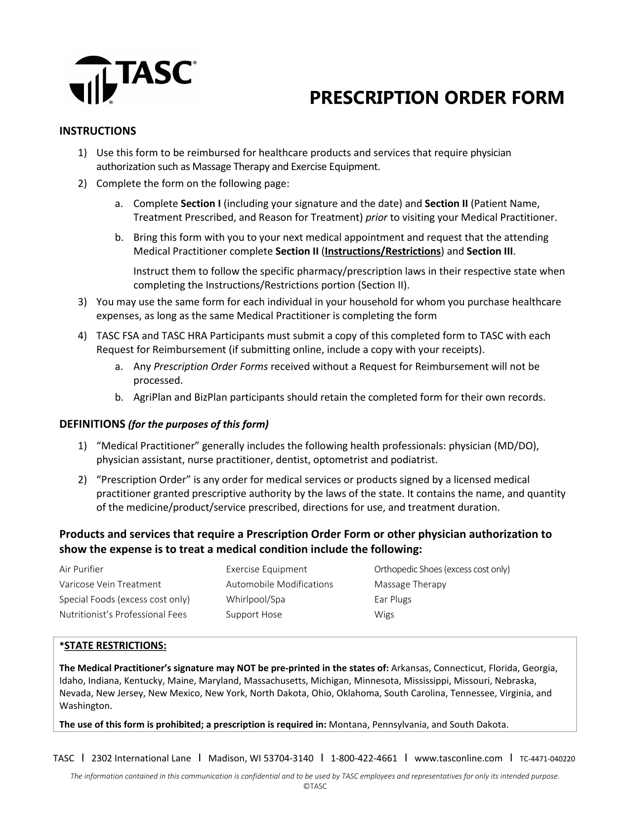 PRESCRIPTION ORDER FORM screenshot