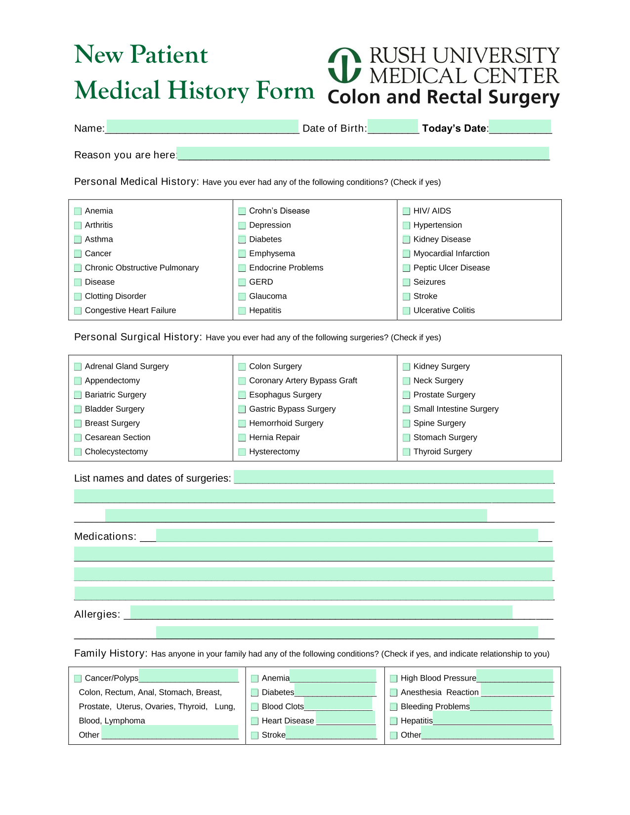 New Patient Medical History Form screenshot