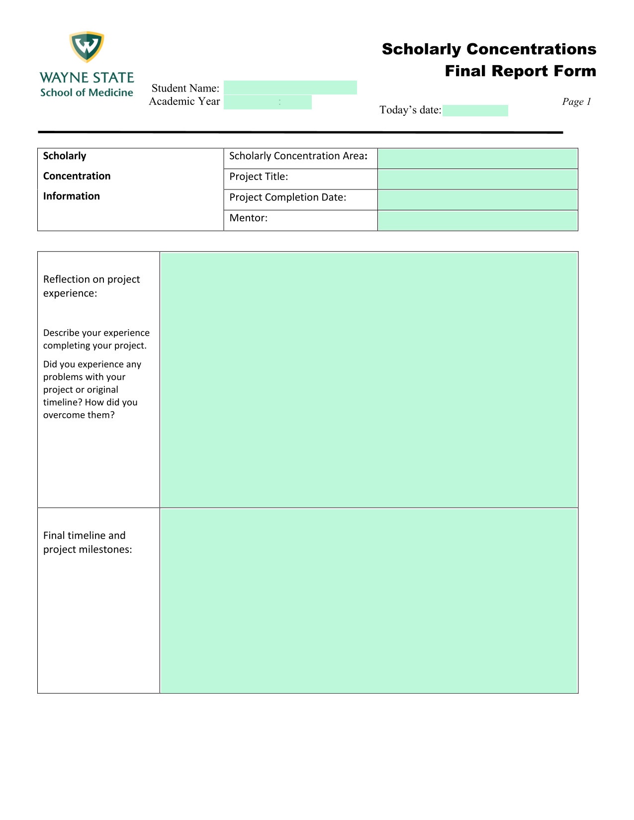 Scholarly Concentrations Final Report Form screenshot