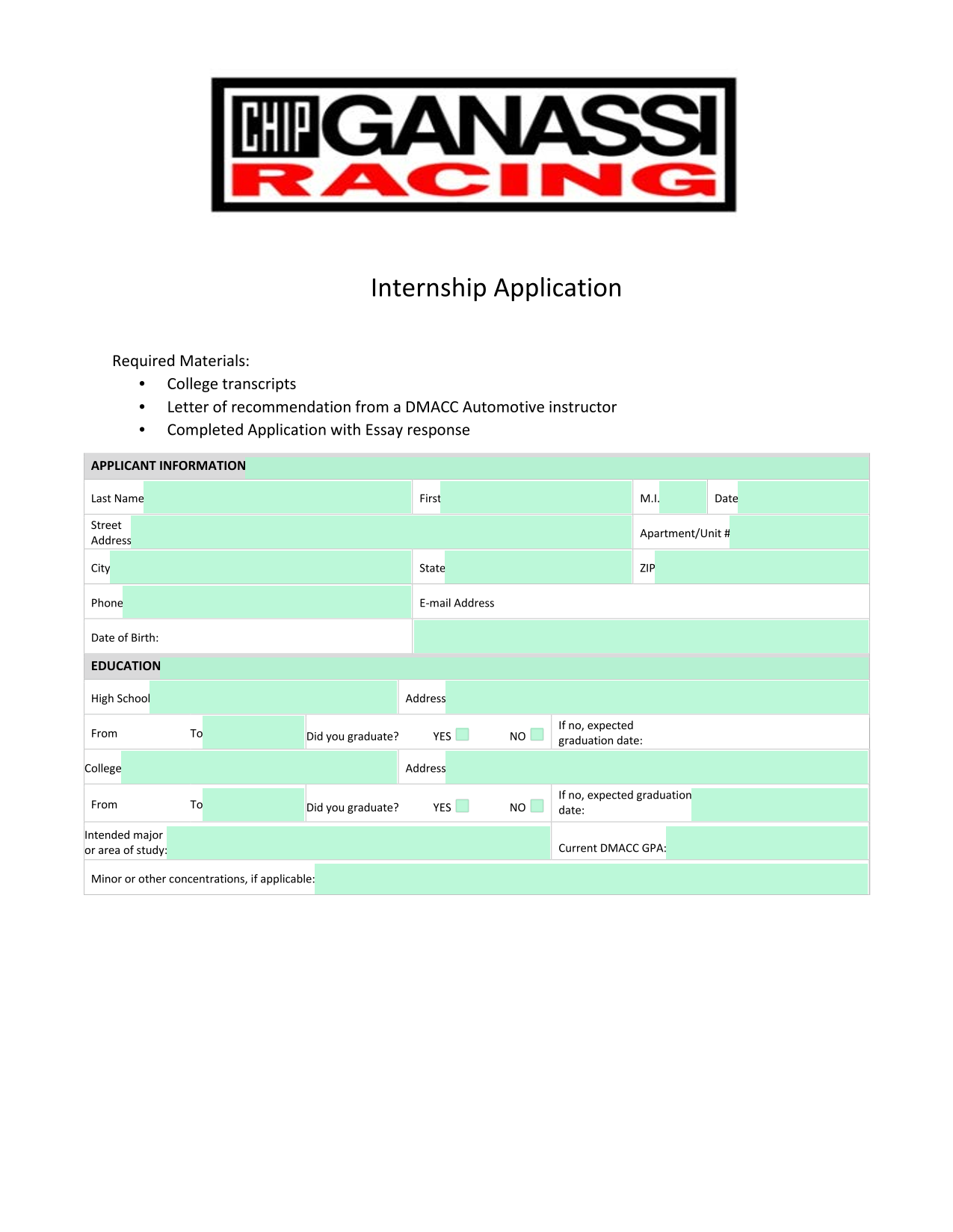 Internship Application screenshot