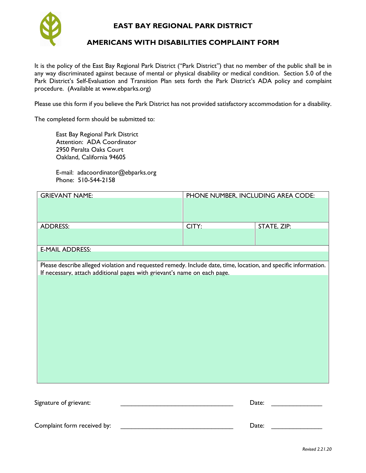 Americans With Disabilities Complaint Form screenshot