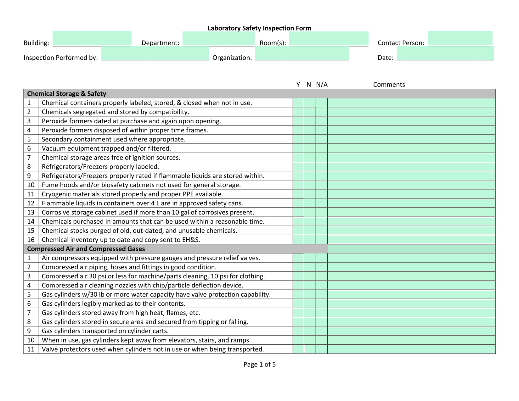 Laboratory Safety Inspection Form screenshot