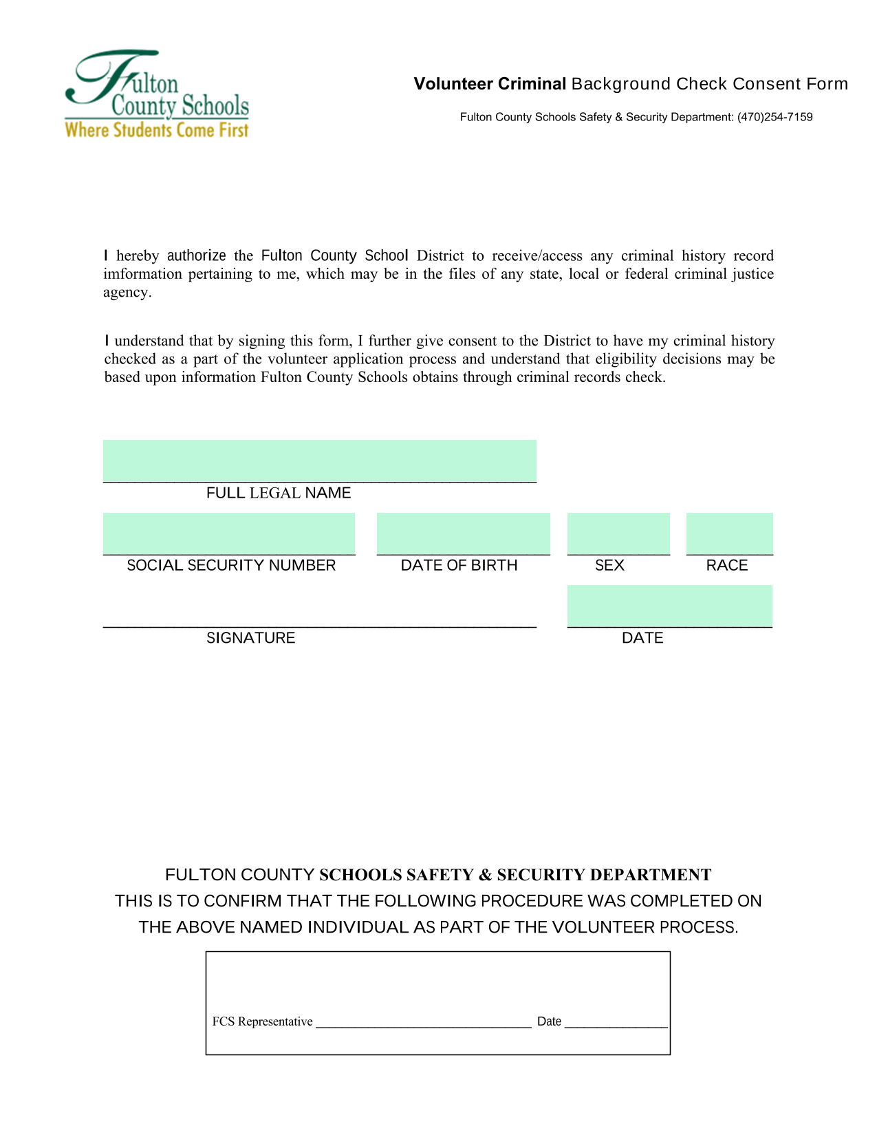 Volunteer Criminal Background Check Consent Form screenshot