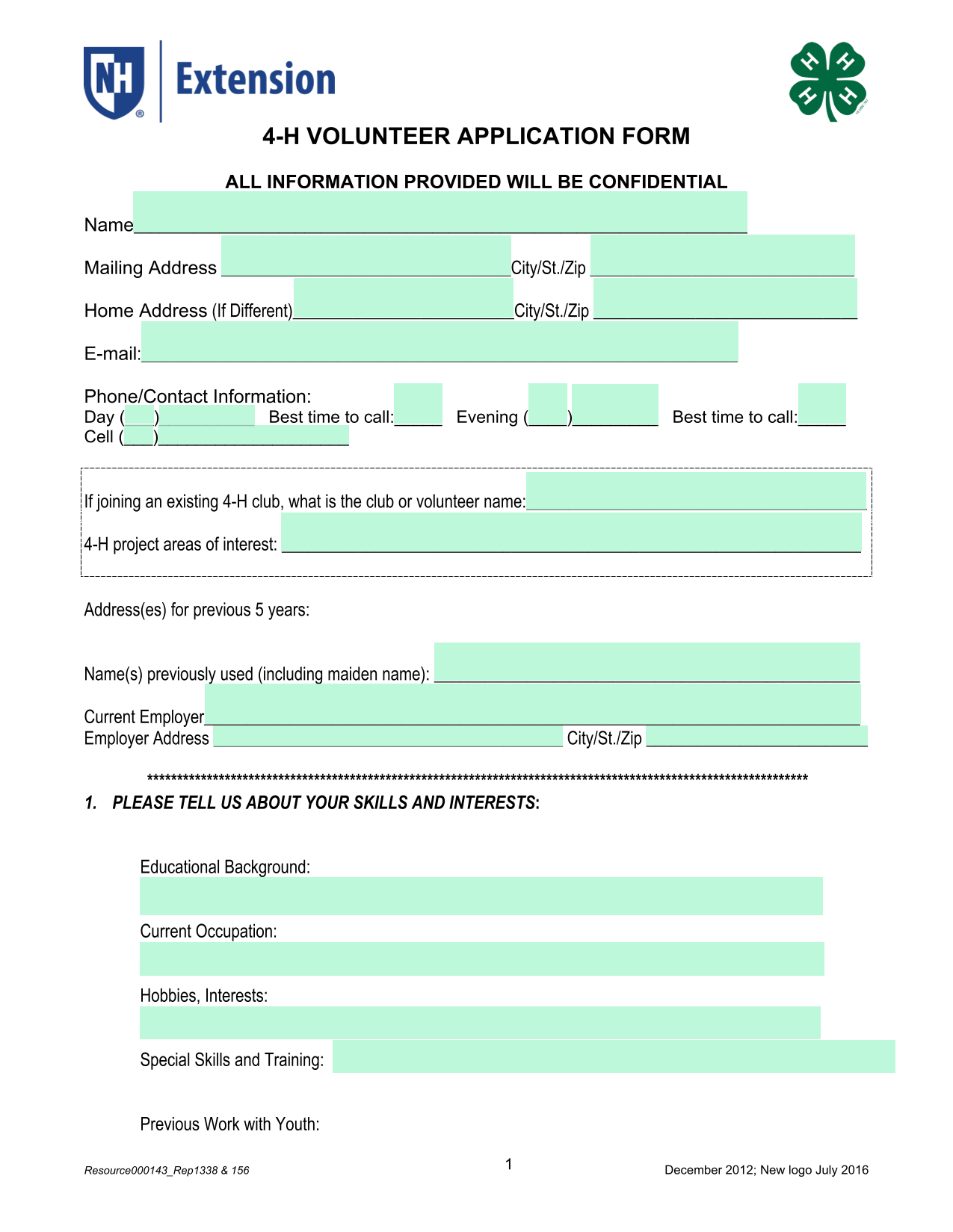 4 H VOLUNTEER APPLICATION FORM screenshot
