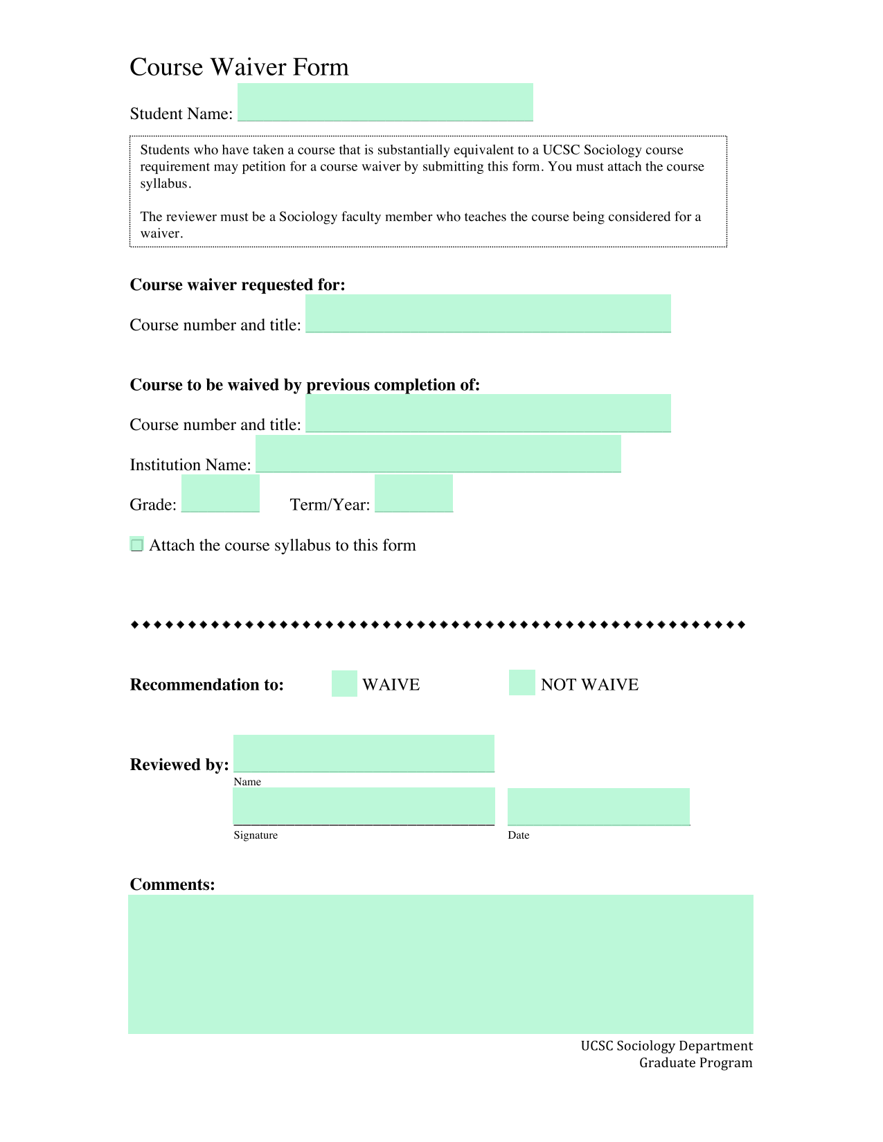 Course Waiver Form screenshot