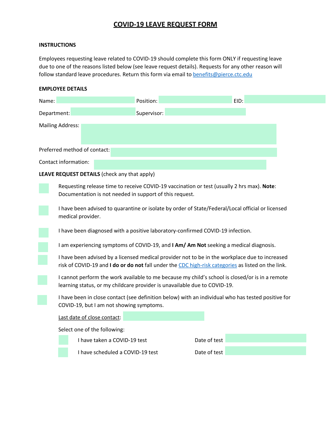 COVID 19 LEAVE REQUEST FORM screenshot