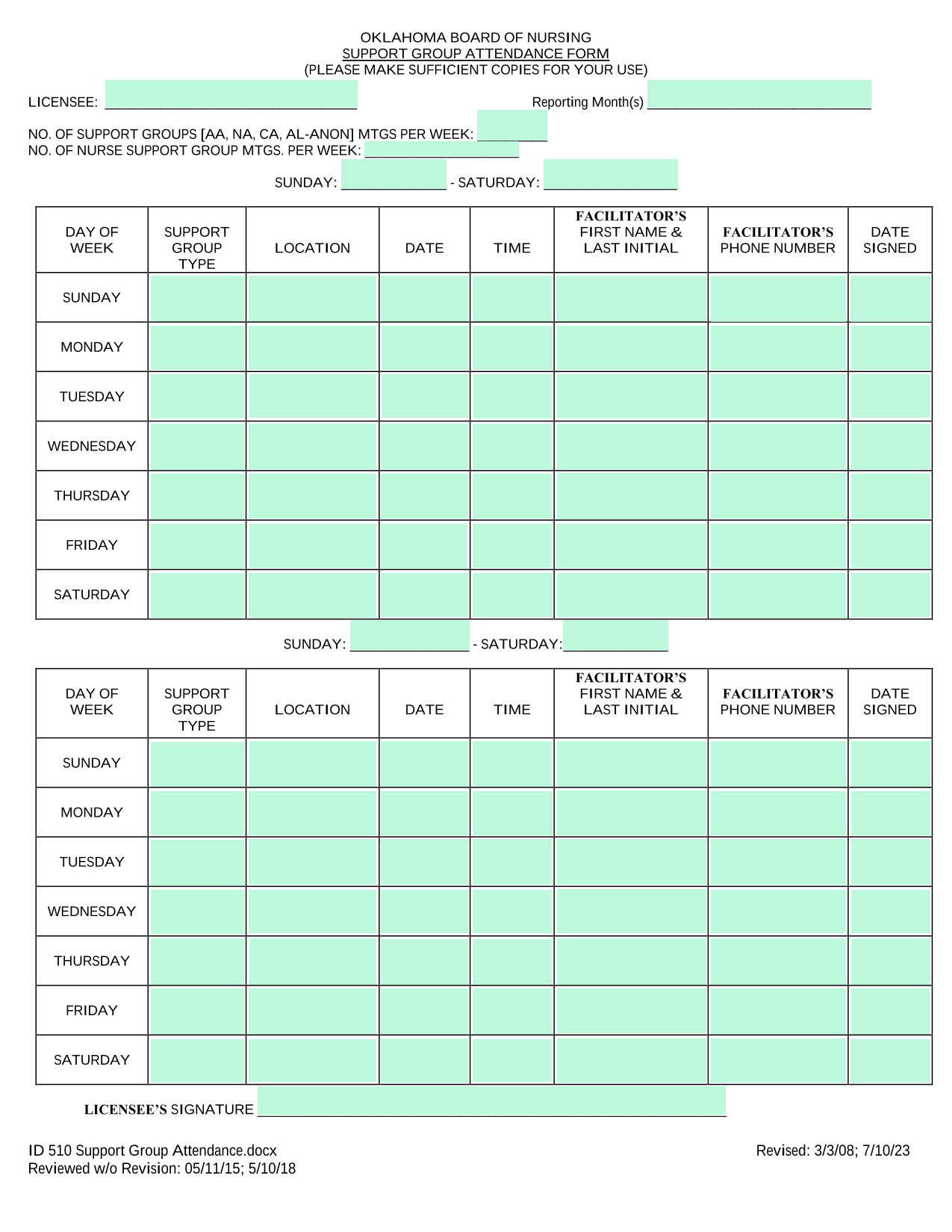 Support Group Attendance Form screenshot