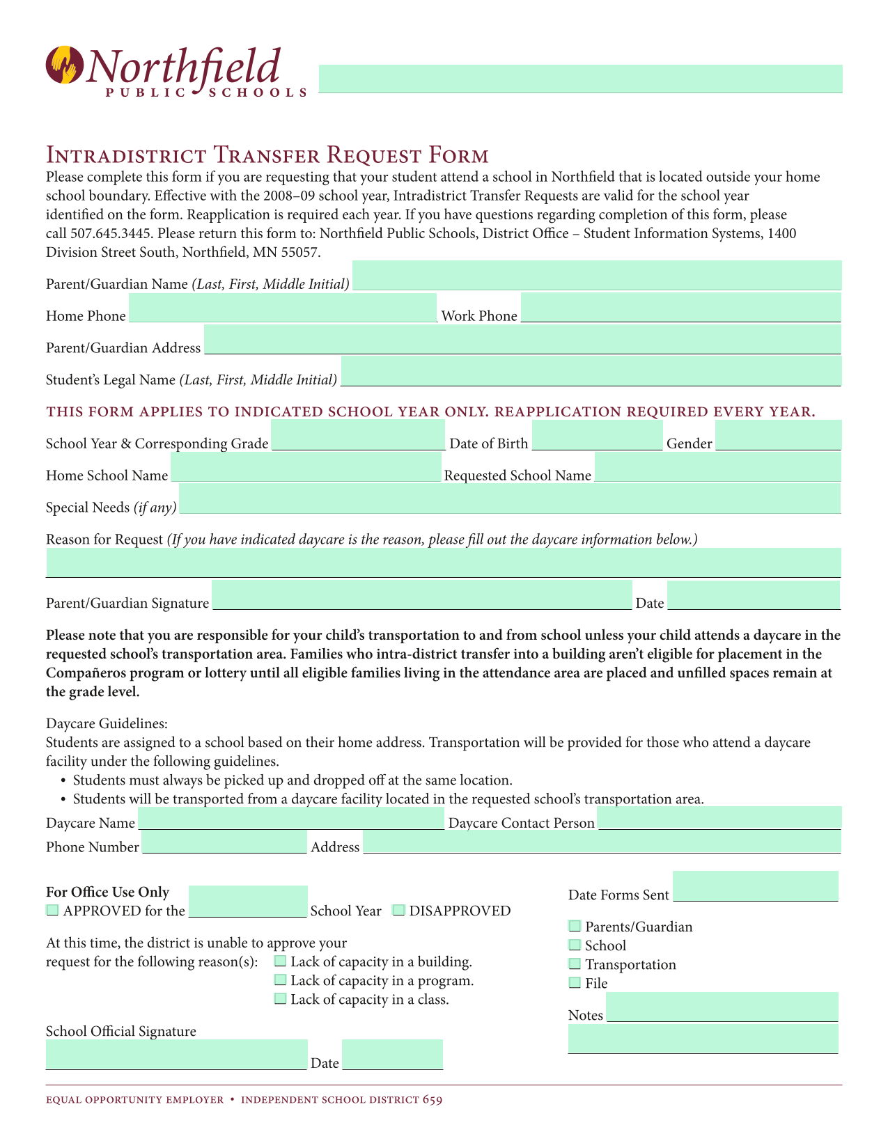 Intradistrict Transfer Request Form screenshot
