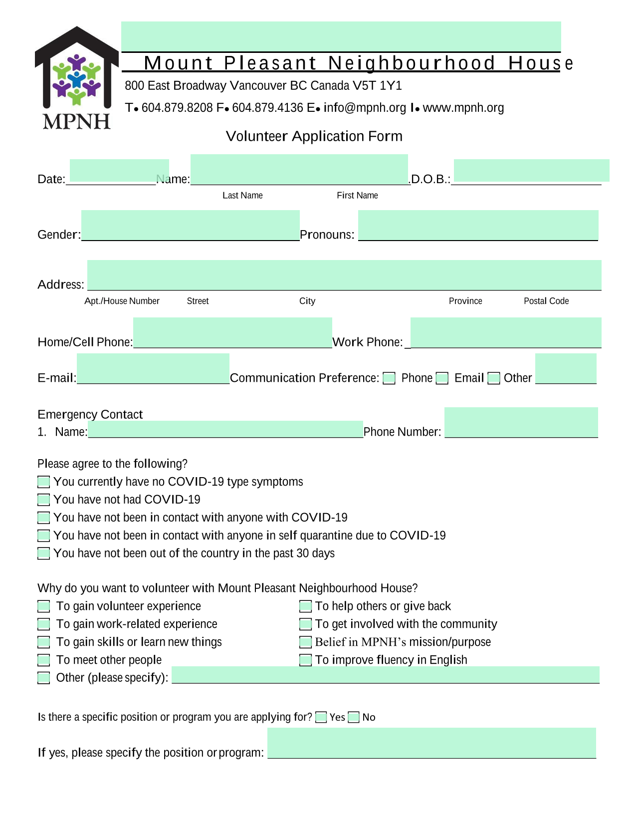 Volunteer Application Form screenshot
