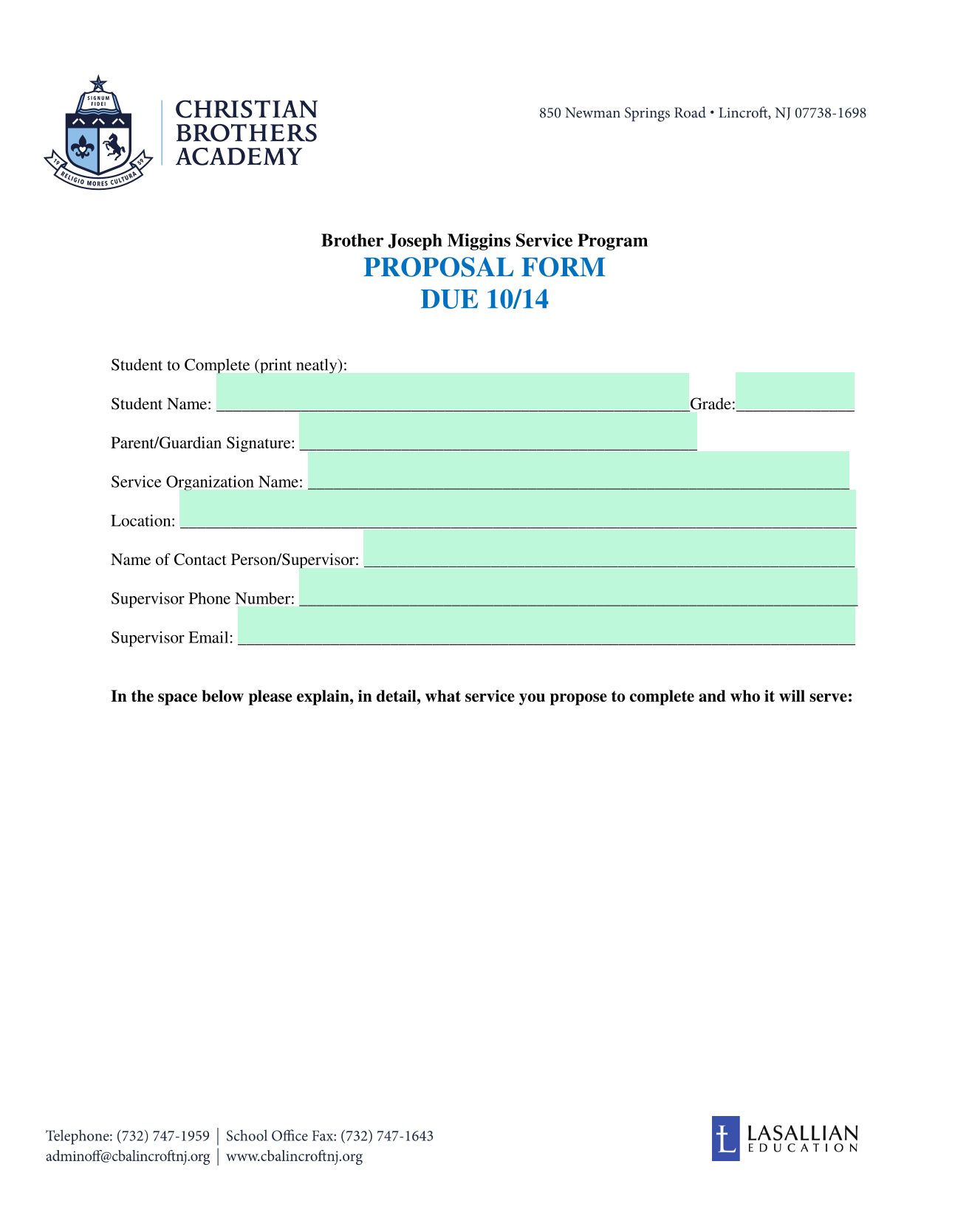 Brother Joseph Miggins Service Program Proposal Form screenshot
