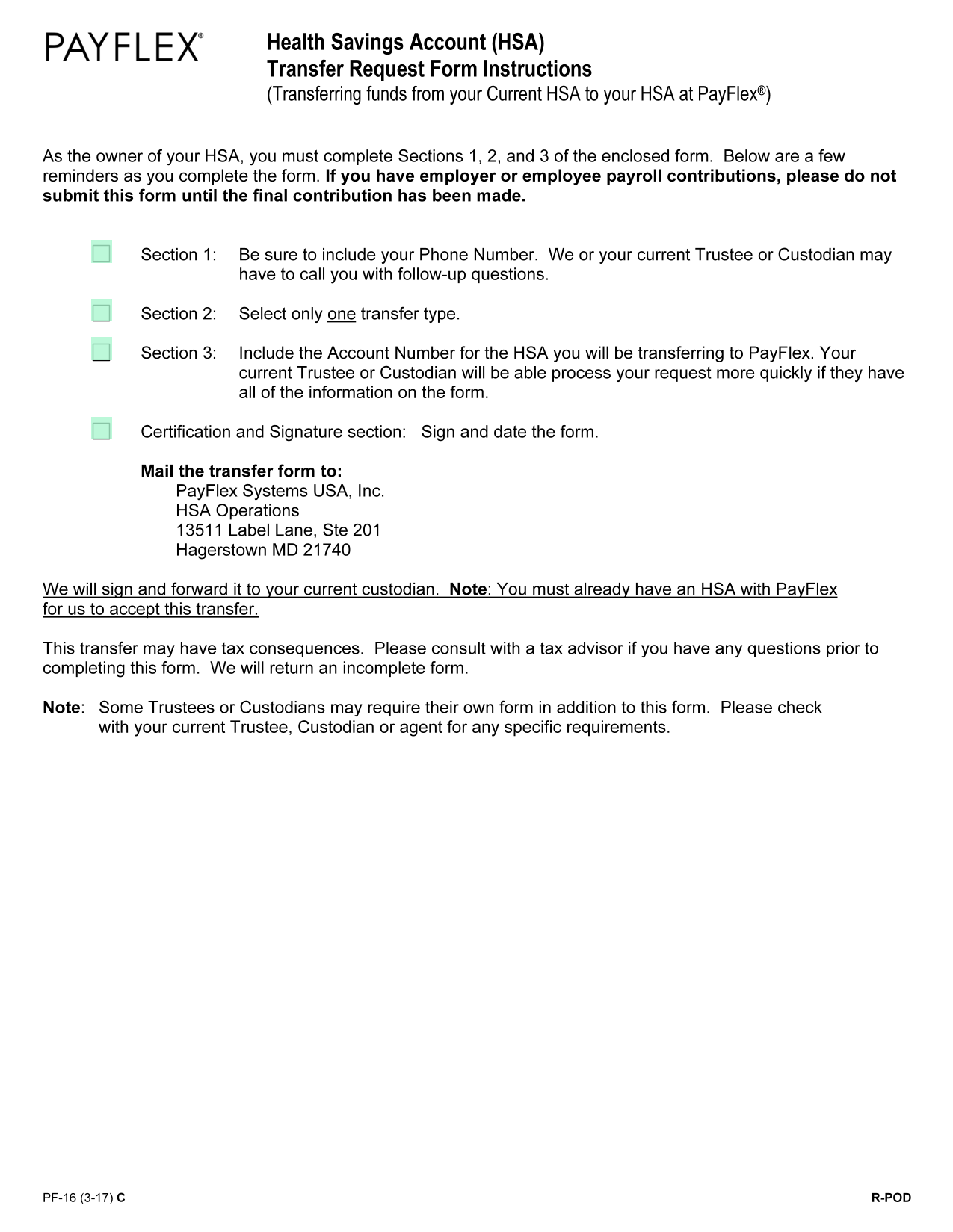 Health Savings Account (HSA) Transfer Request Form screenshot