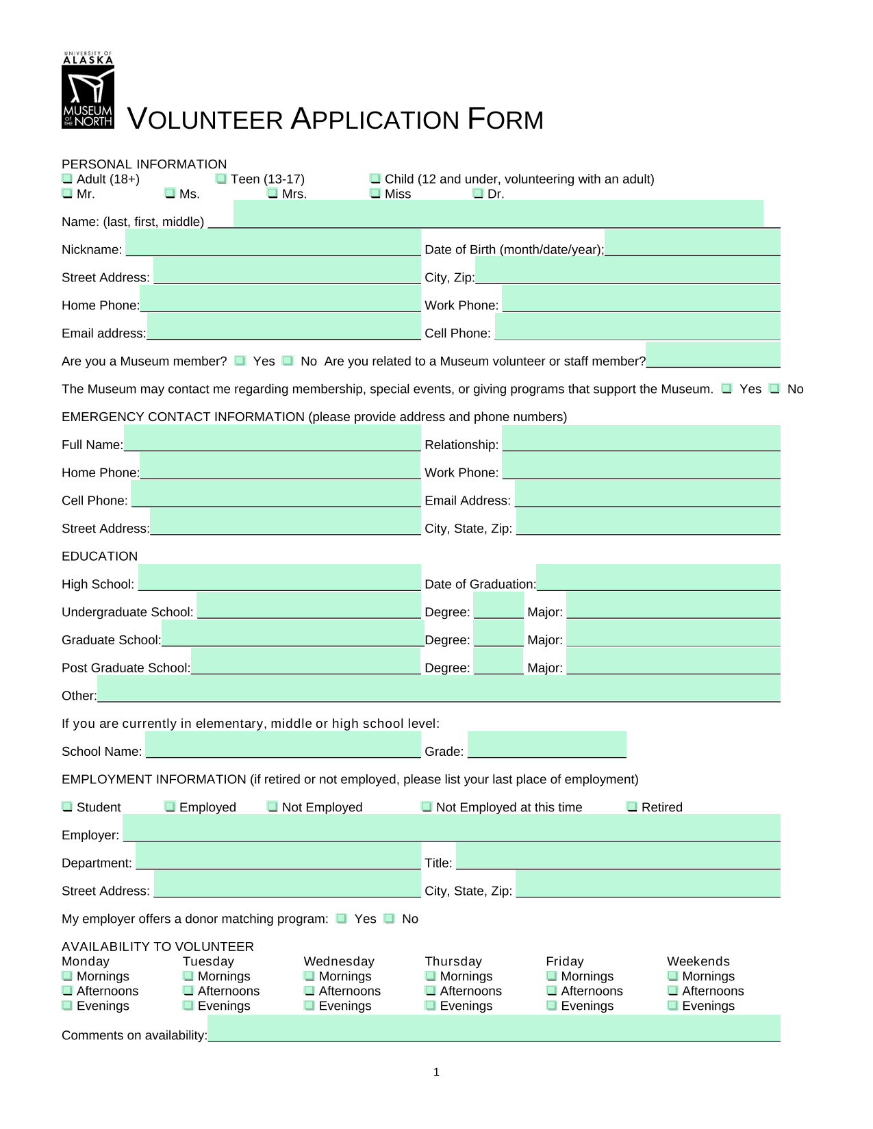 VOLUNTEER APPLICATION FORM screenshot