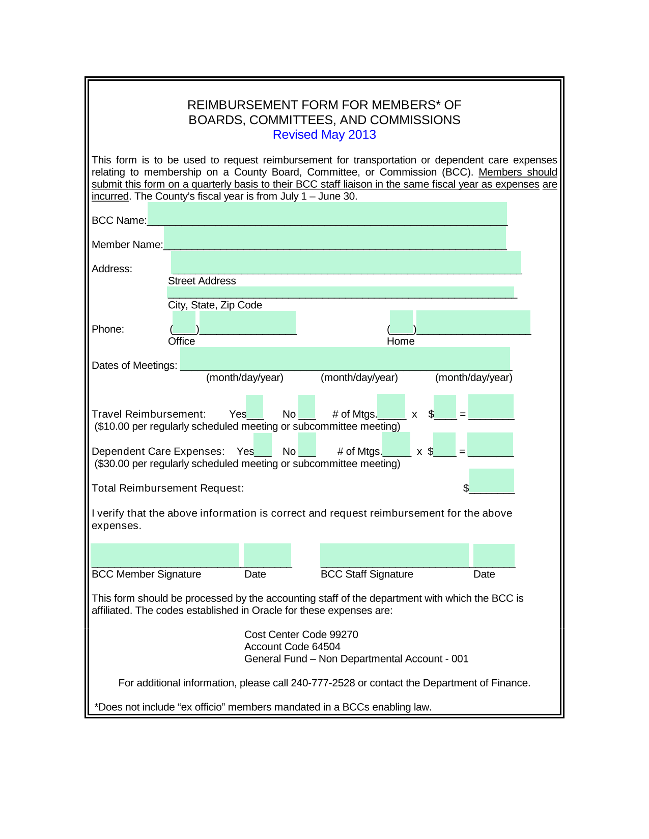 REIMBURSEMENT FORM FOR MEMBERS OF BOARDS, COMMITTEES, AND COMMISSIONS screenshot
