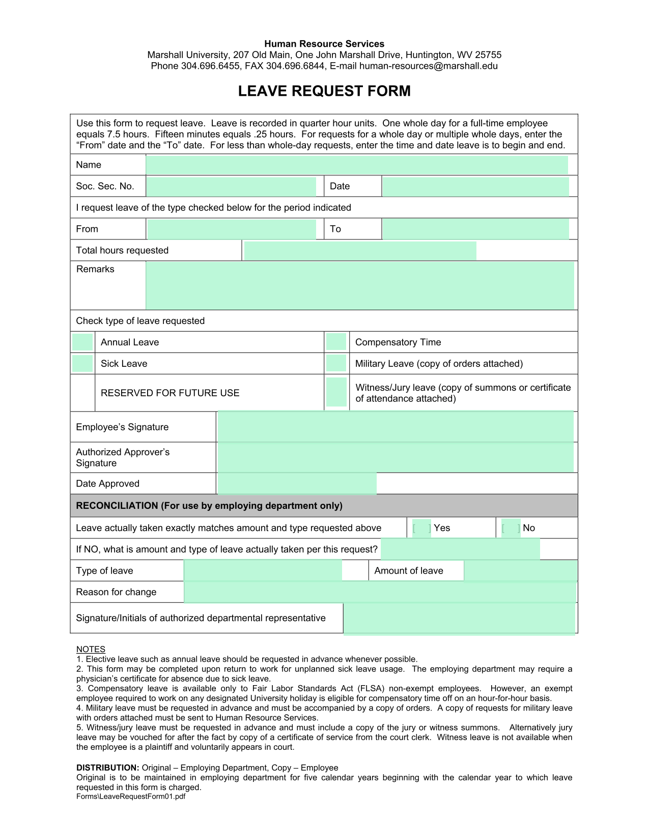 Leave Request Form screenshot