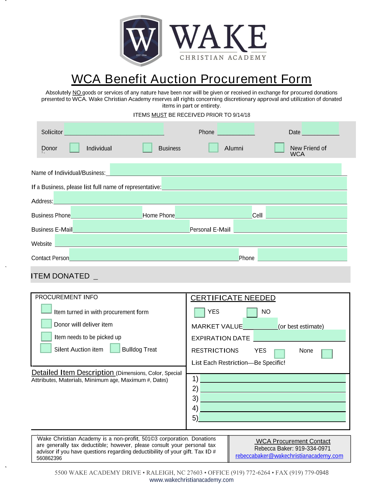 WCA Benefit Auction Procurement Form screenshot