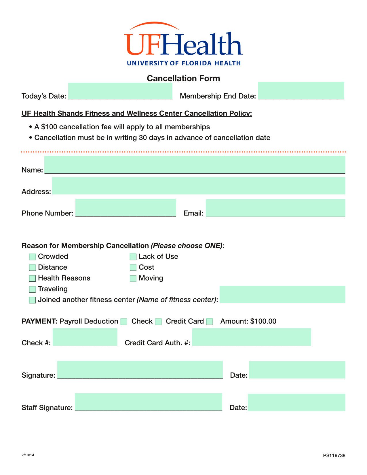 Cancellation Form screenshot