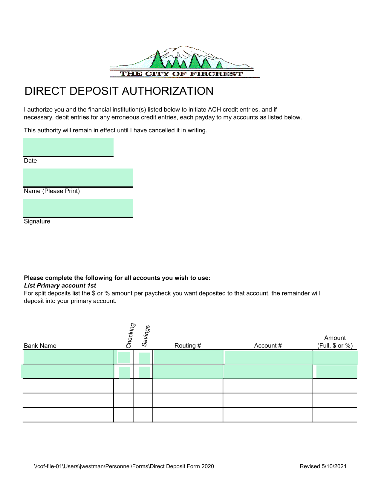 Direct Deposit Authorization screenshot