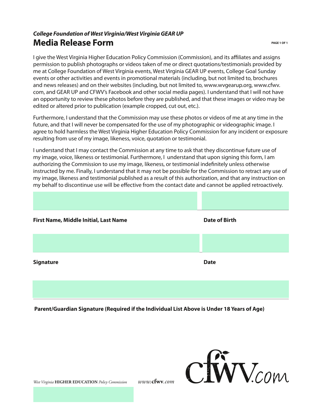 Media Release Form screenshot