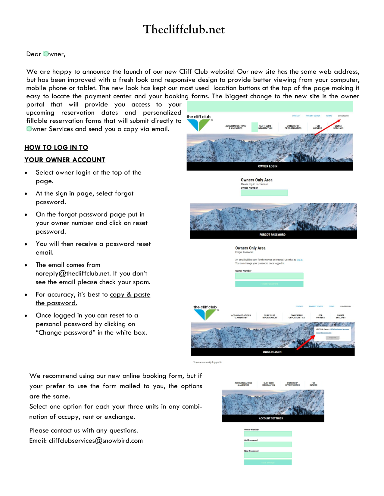 Cliff Club Owner Account Login Instructions screenshot