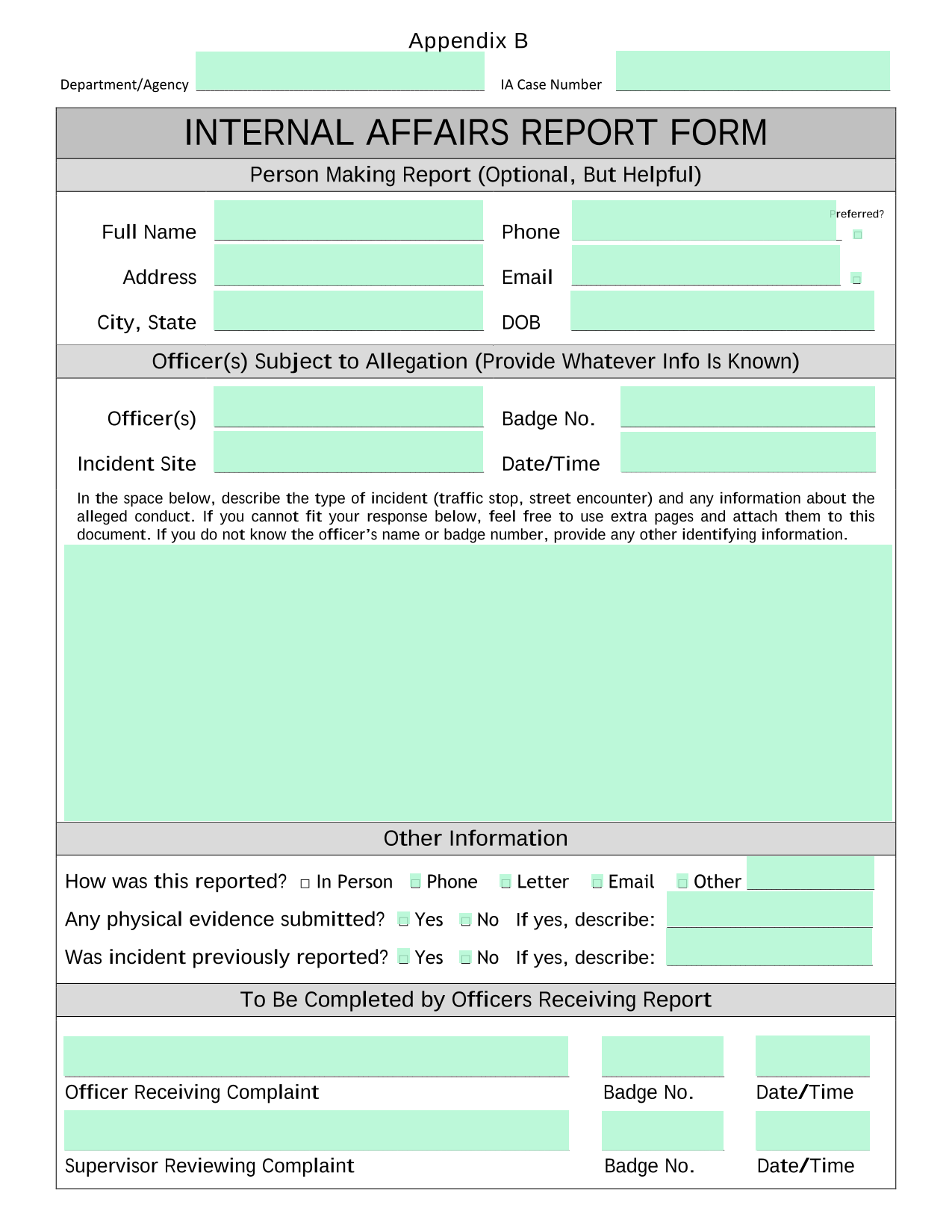 Internal Affairs Report Form screenshot