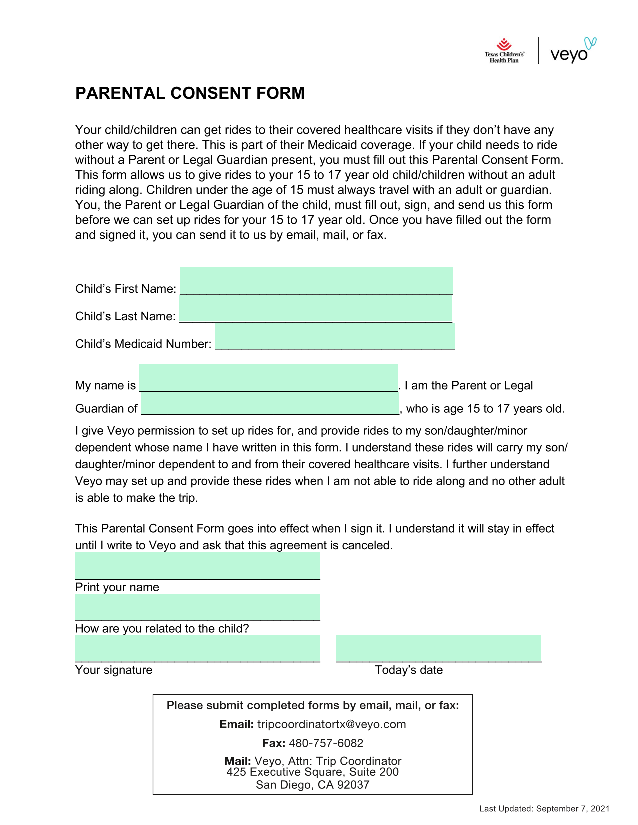 Parental Consent Form screenshot