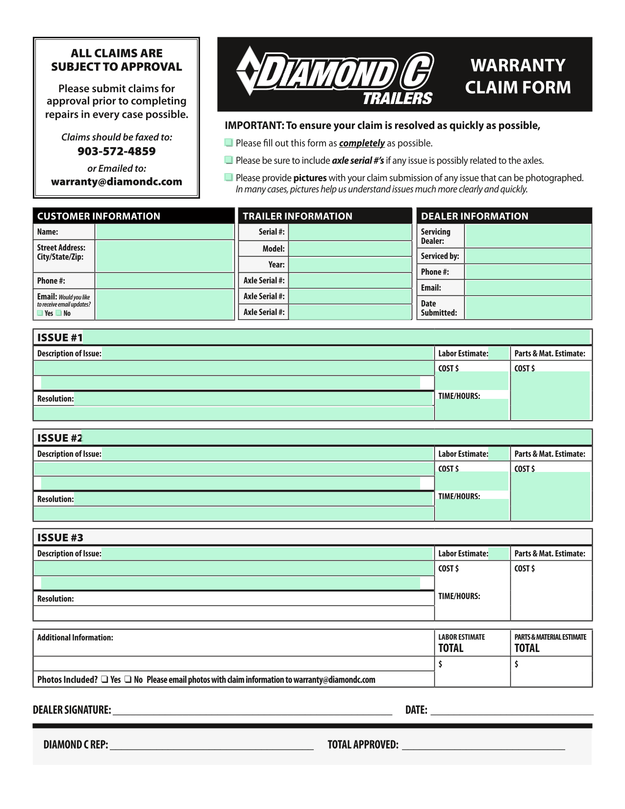 WARRANTY CLAIM FORM screenshot