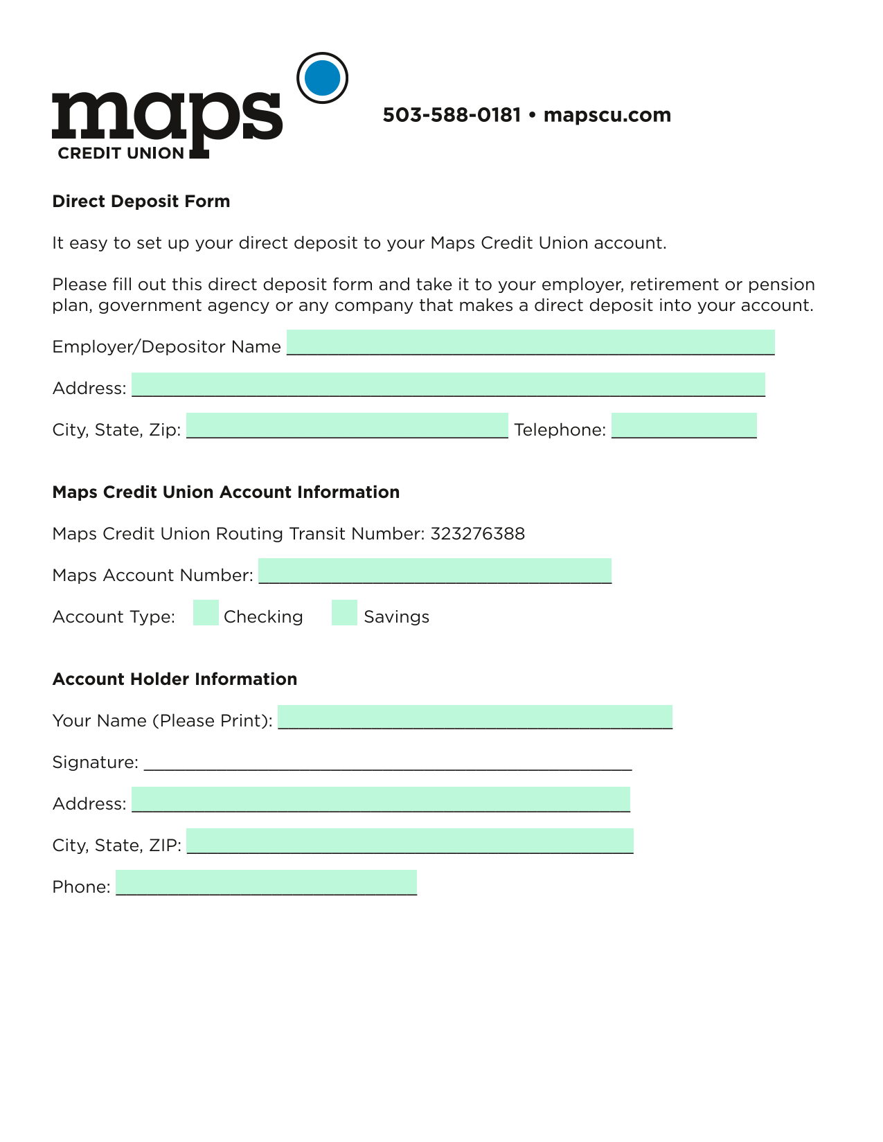 Direct Deposit Form screenshot