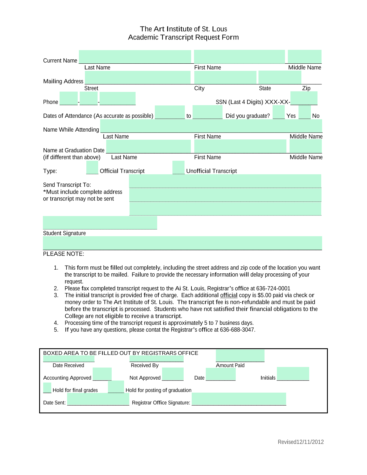 Academic Transcript Request Form screenshot
