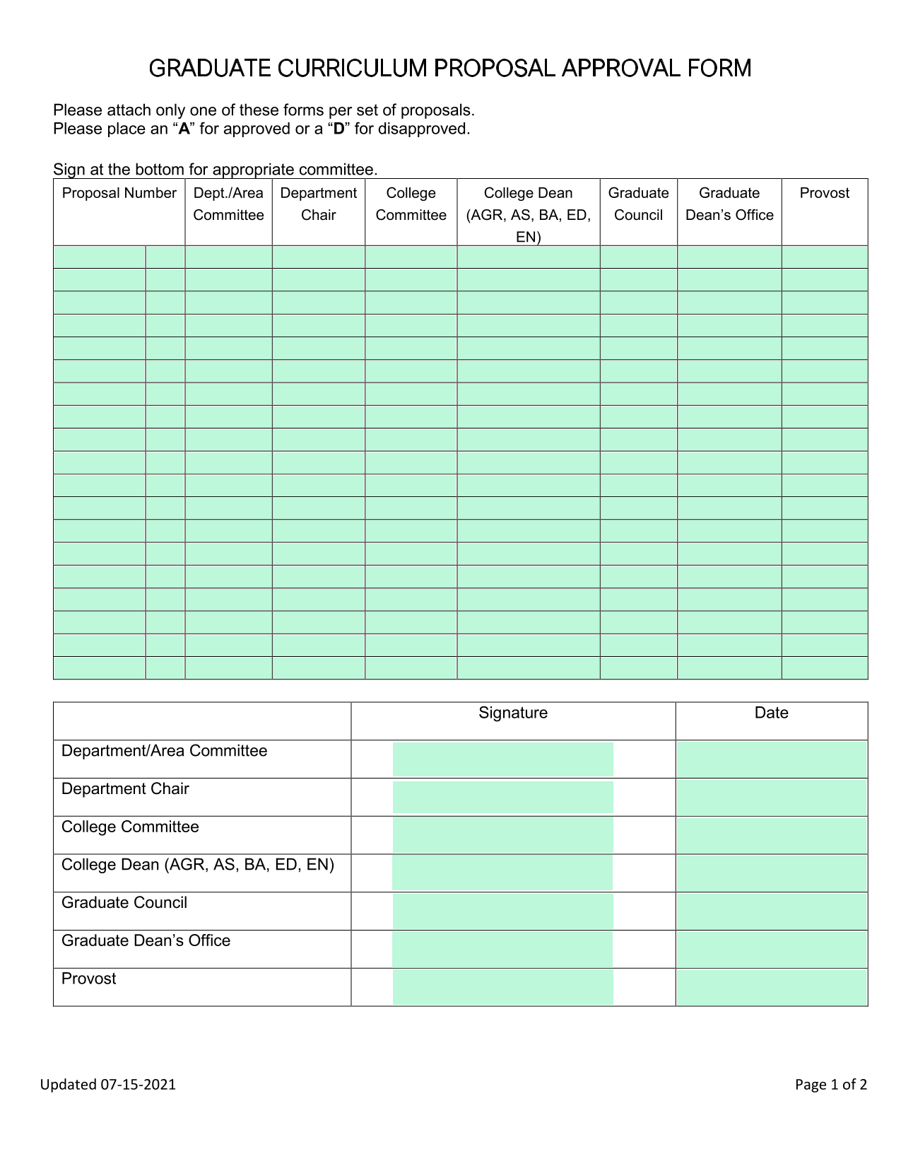 GRADUATE CURRICULUM PROPOSAL APPROVAL FORM screenshot