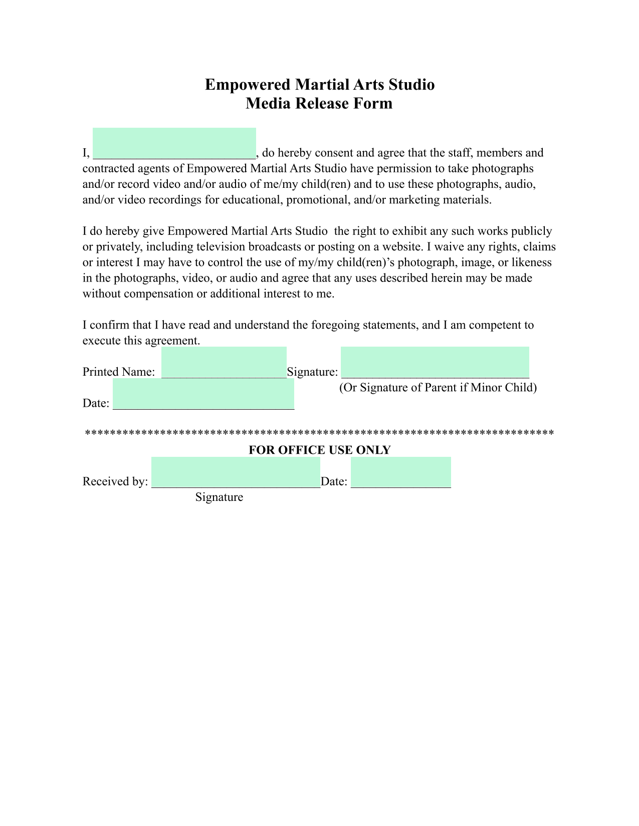 Media Release Form screenshot