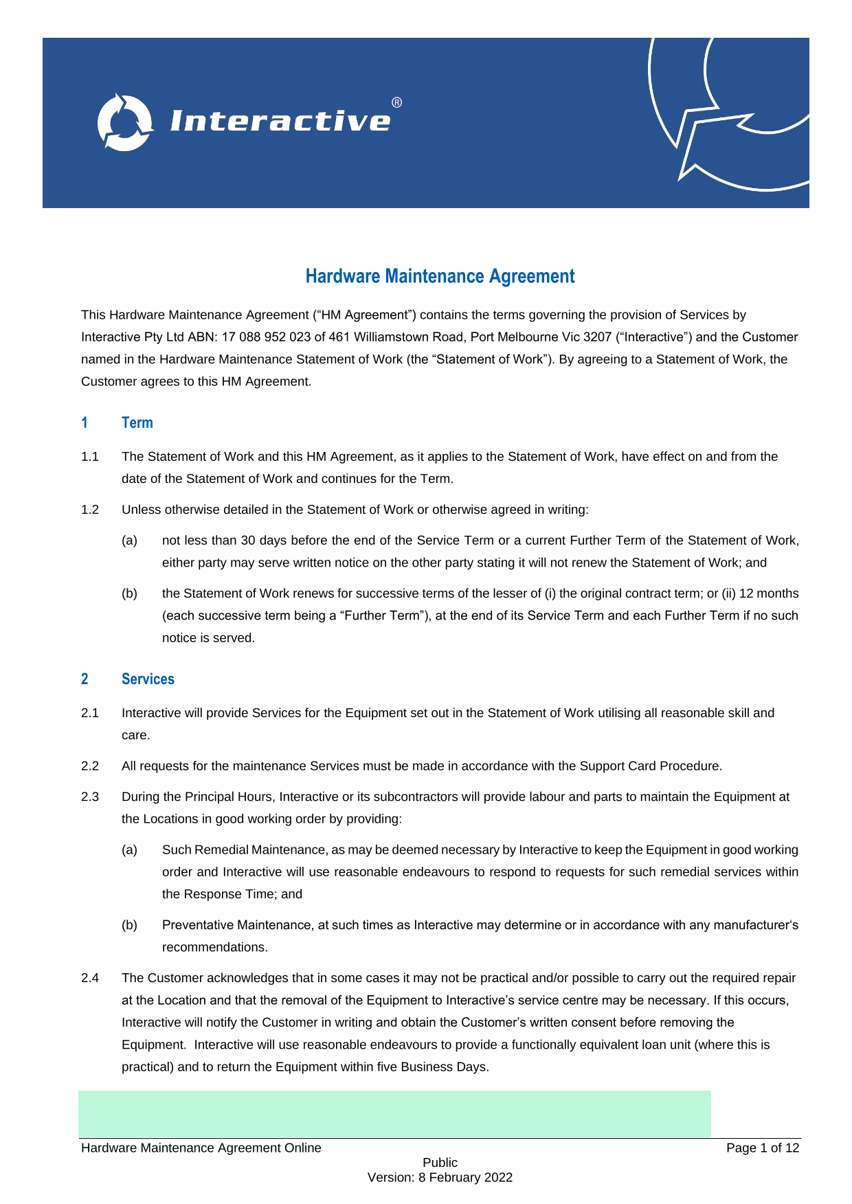 Hardware Maintenance Agreement screenshot