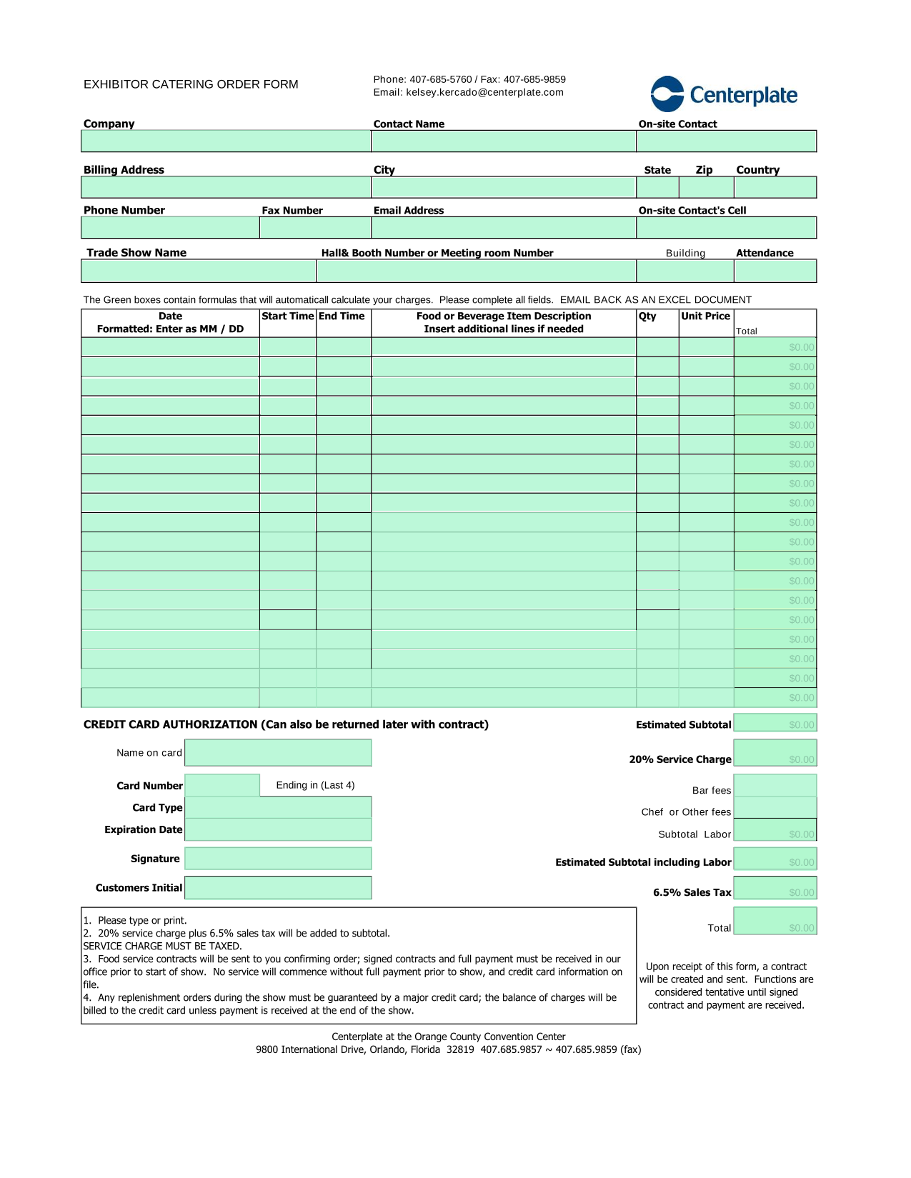 EXHIBITOR CATERING ORDER FORM screenshot