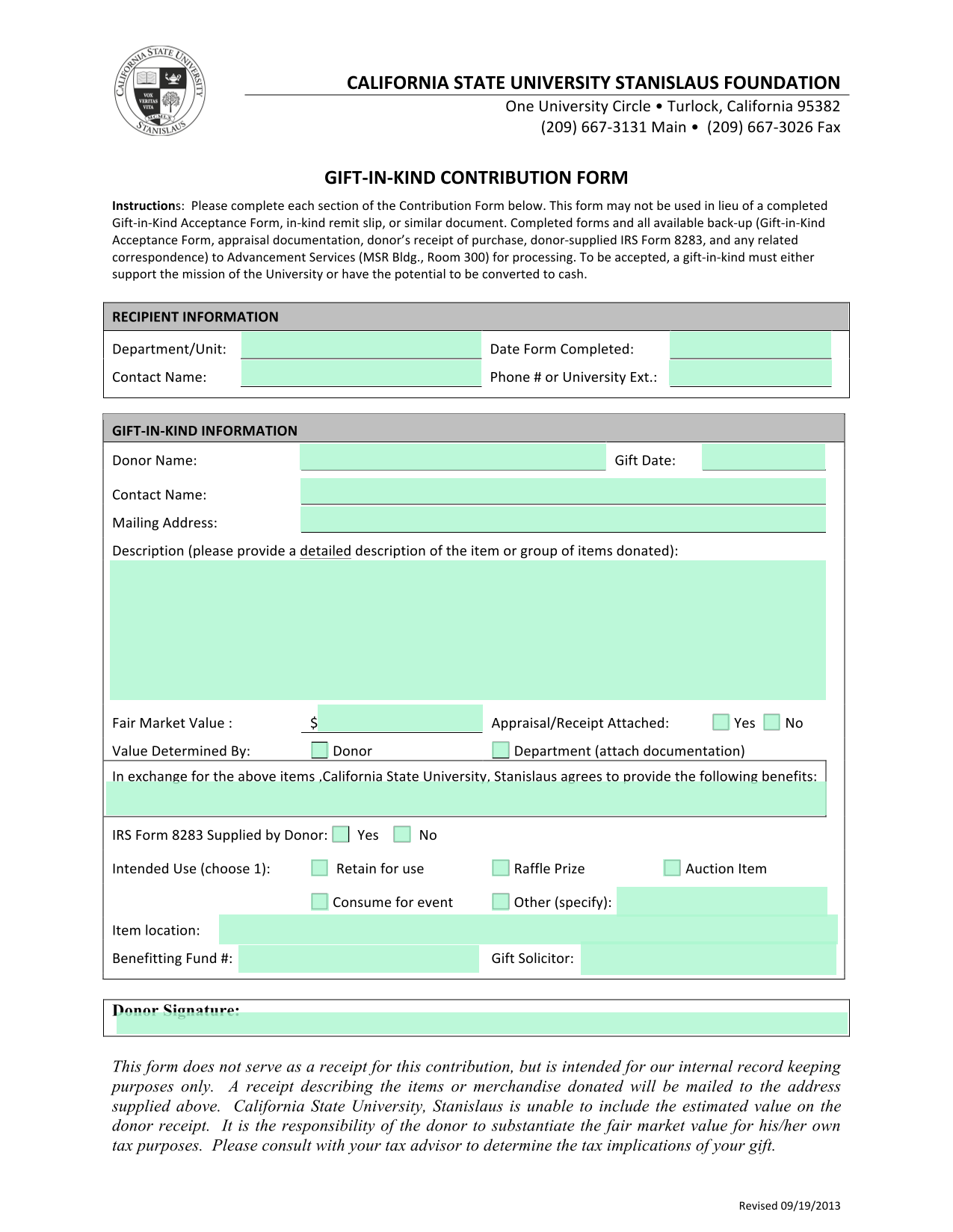 GIFT IN KIND CONTRIBUTION FORM screenshot